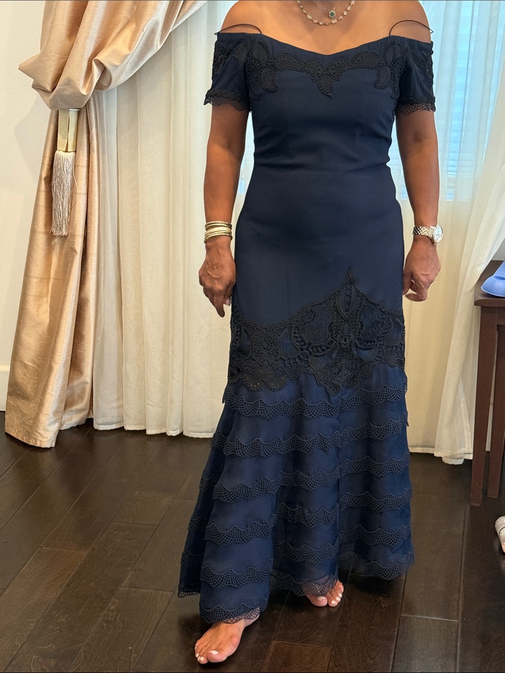 Jonathan Simkhai Navy Off-Shoulder Lace Trim Gown